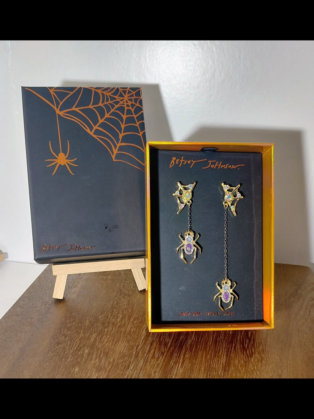 Betsey Johnson Gold Spider Drop Earrings - Purple Accents NIB